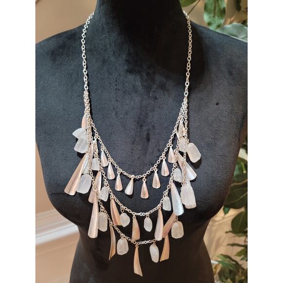 Women's Layered Silver Chain Necklace With Frosted Crystal Drops Lobster Clasp - Picture 2 of 6